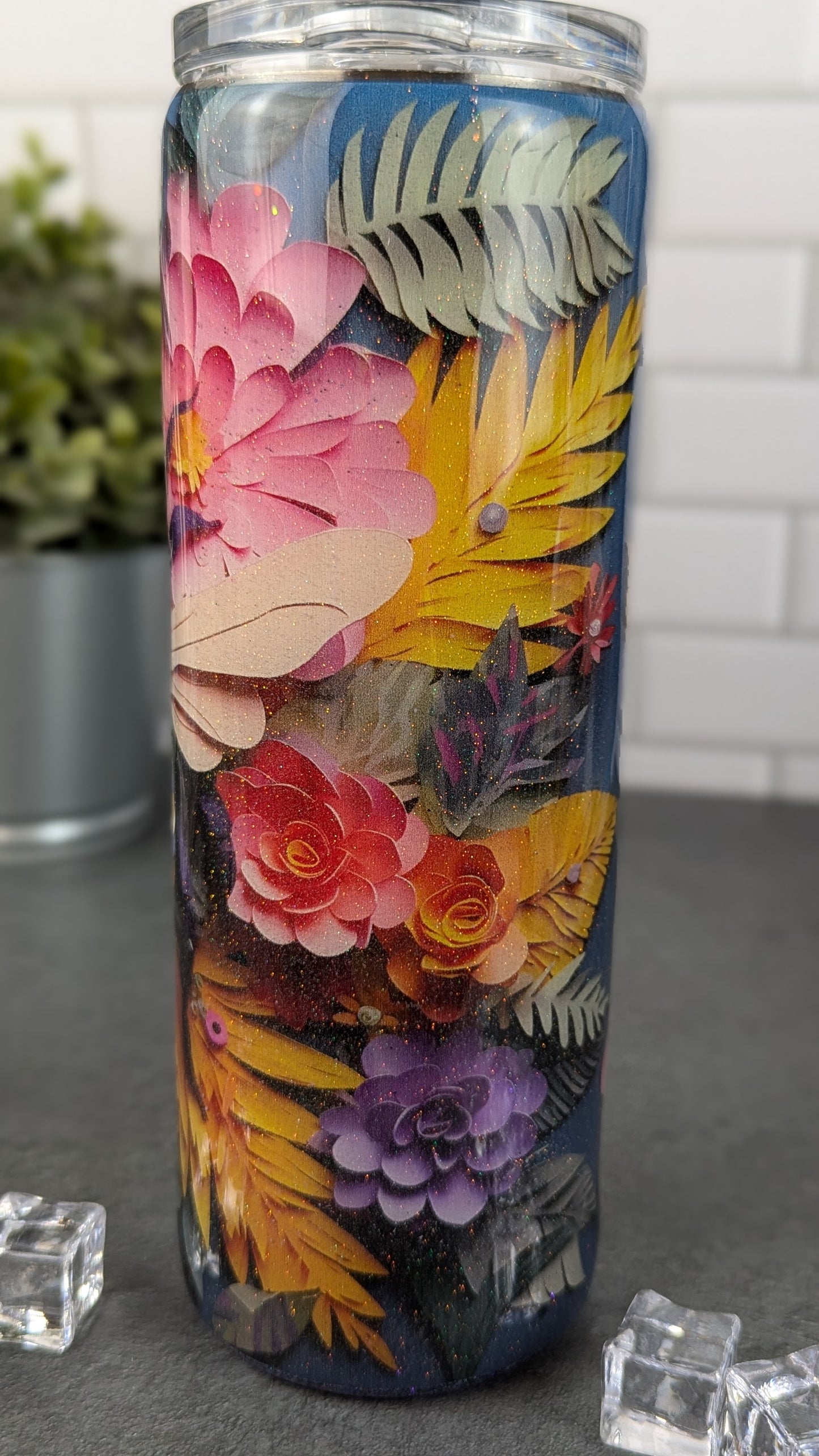 3D Bee w/Pink & Orange Flowers - 20 oz Tumbler