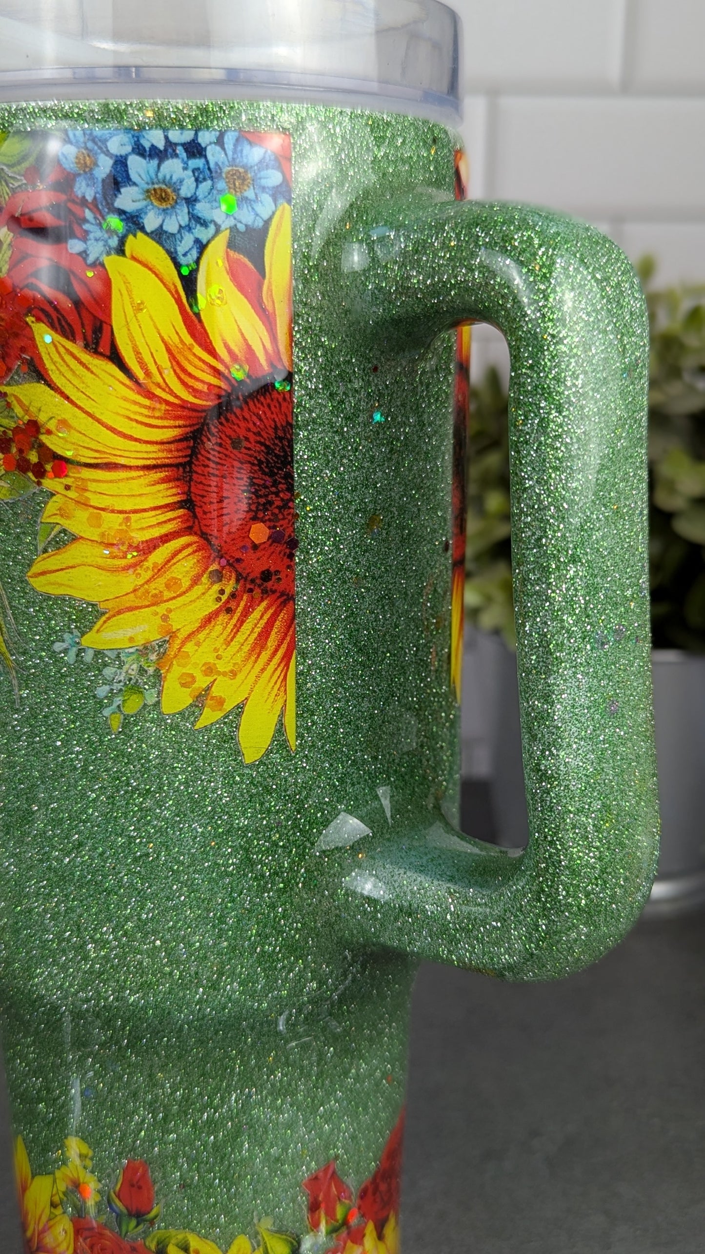 Sunflower & Rose on Green 40 oz Tumbler w/Handle