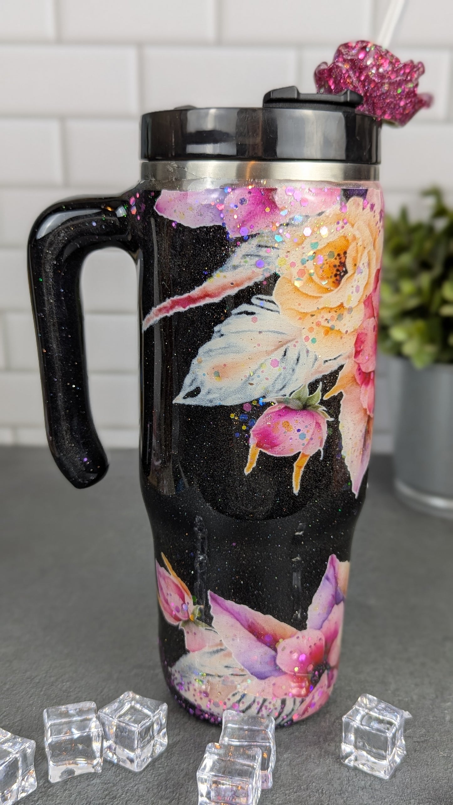 Pink & Black Floral 30 oz Tumbler w/Handle