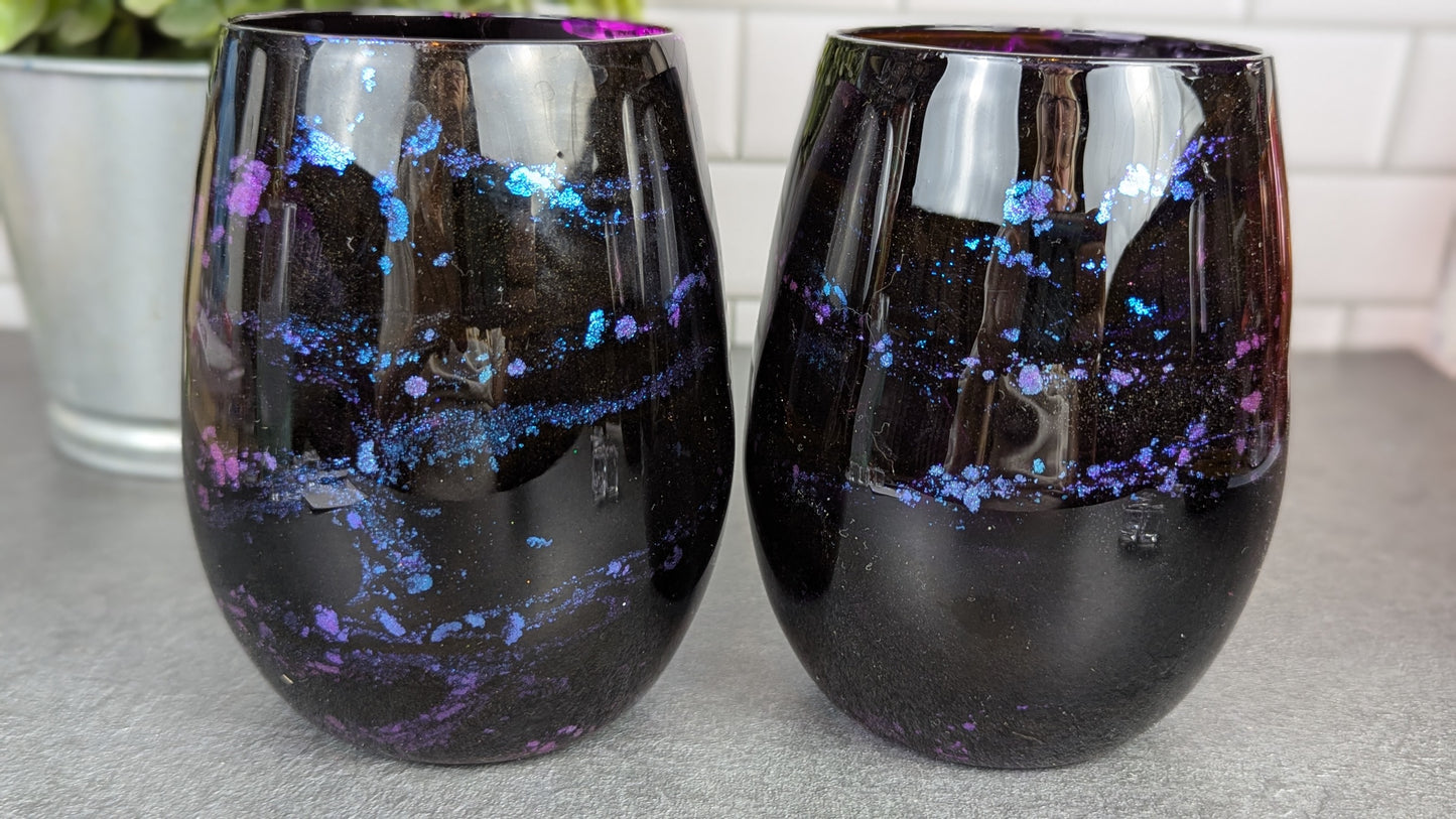 Deep Purple & Black Iridesent Wine Glasses
