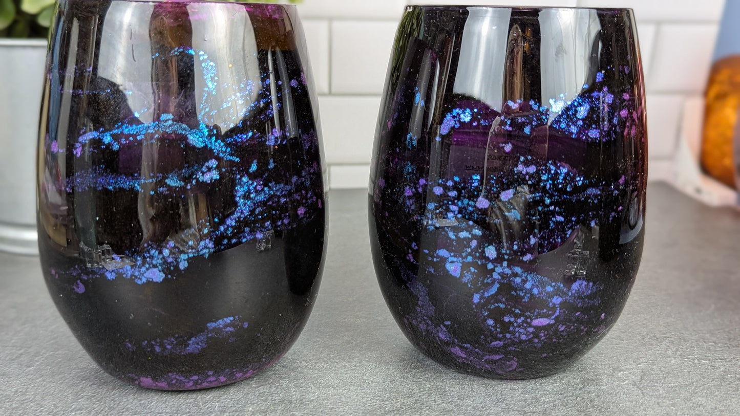 Deep Purple & Black Iridesent Wine Glasses