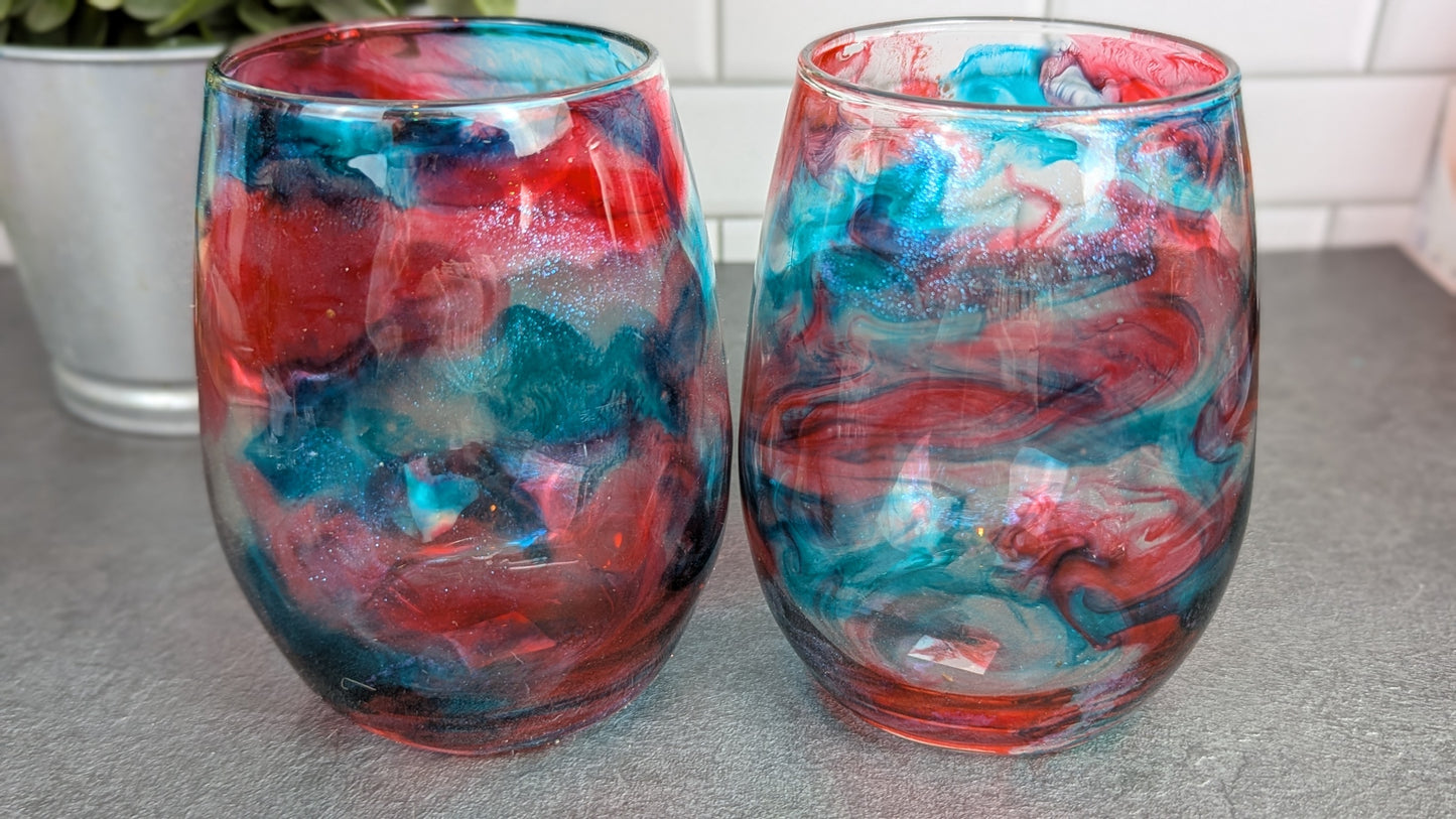Red & Aqua Swirl Wine Glasses