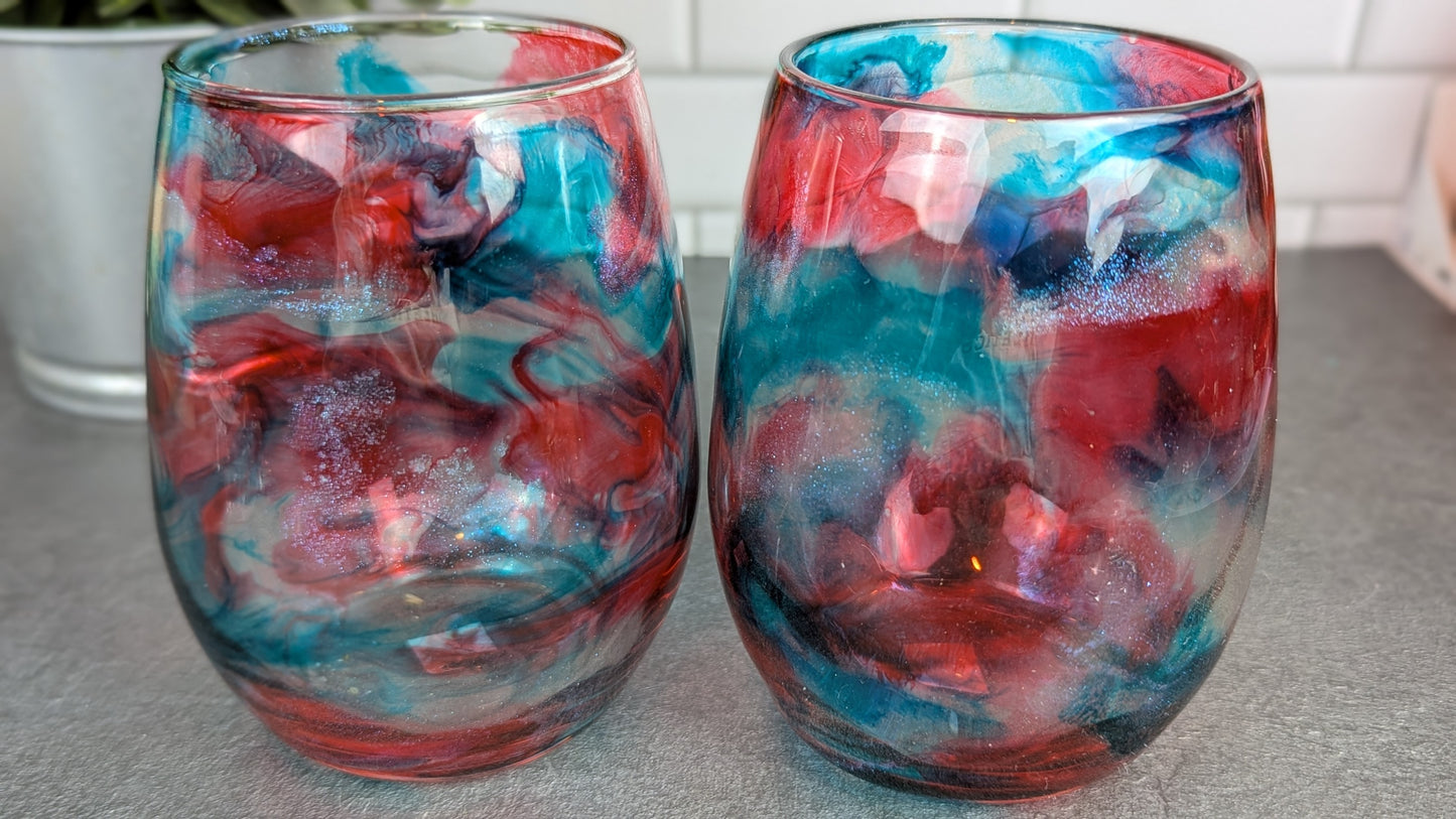 Red & Aqua Swirl Wine Glasses