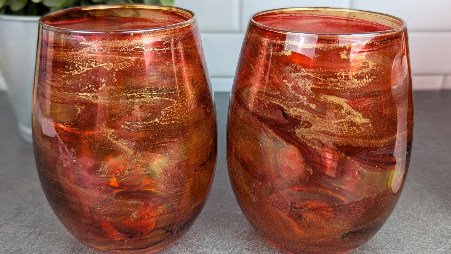 Peaches and Gold Swirl Wine Glasses