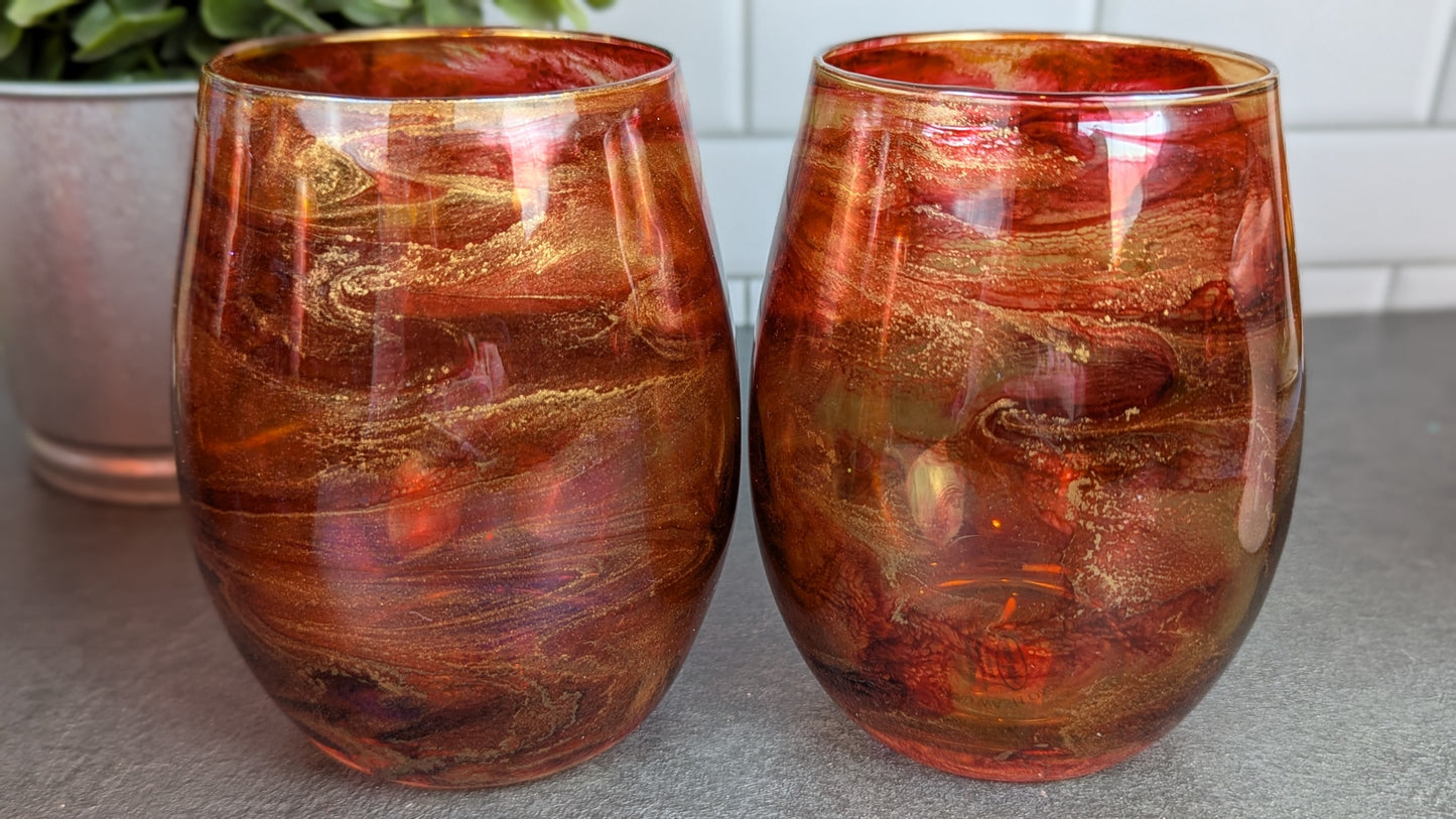 Peaches and Gold Swirl Wine Glasses