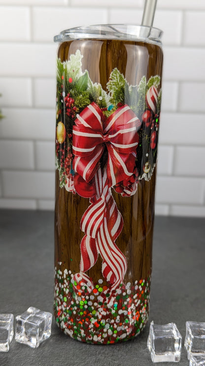 Christmas Ribbon Woodgrain 20 oz Tumbler