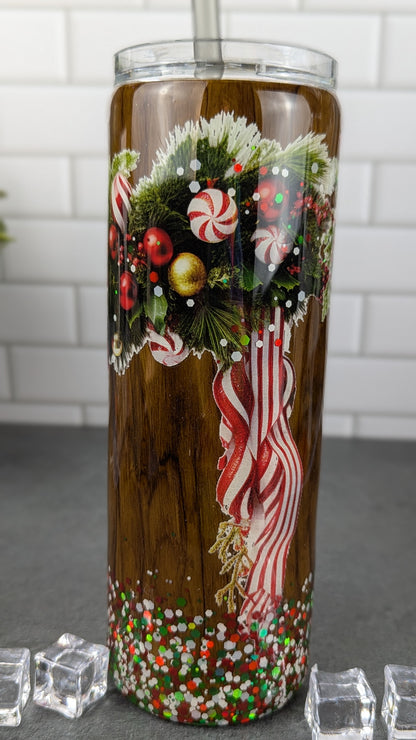 Christmas Ribbon Woodgrain 20 oz Tumbler