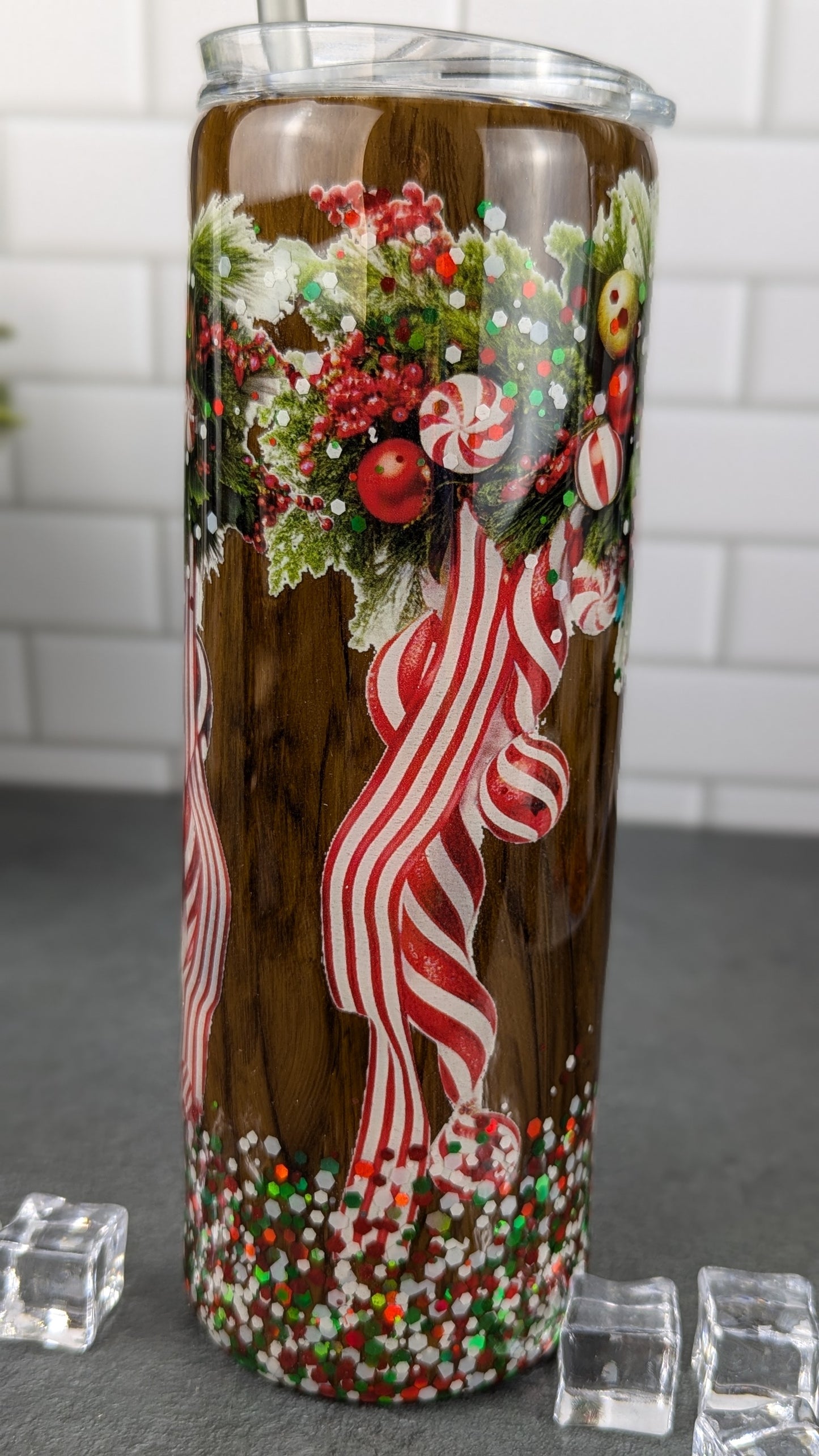 Christmas Ribbon Woodgrain 20 oz Tumbler