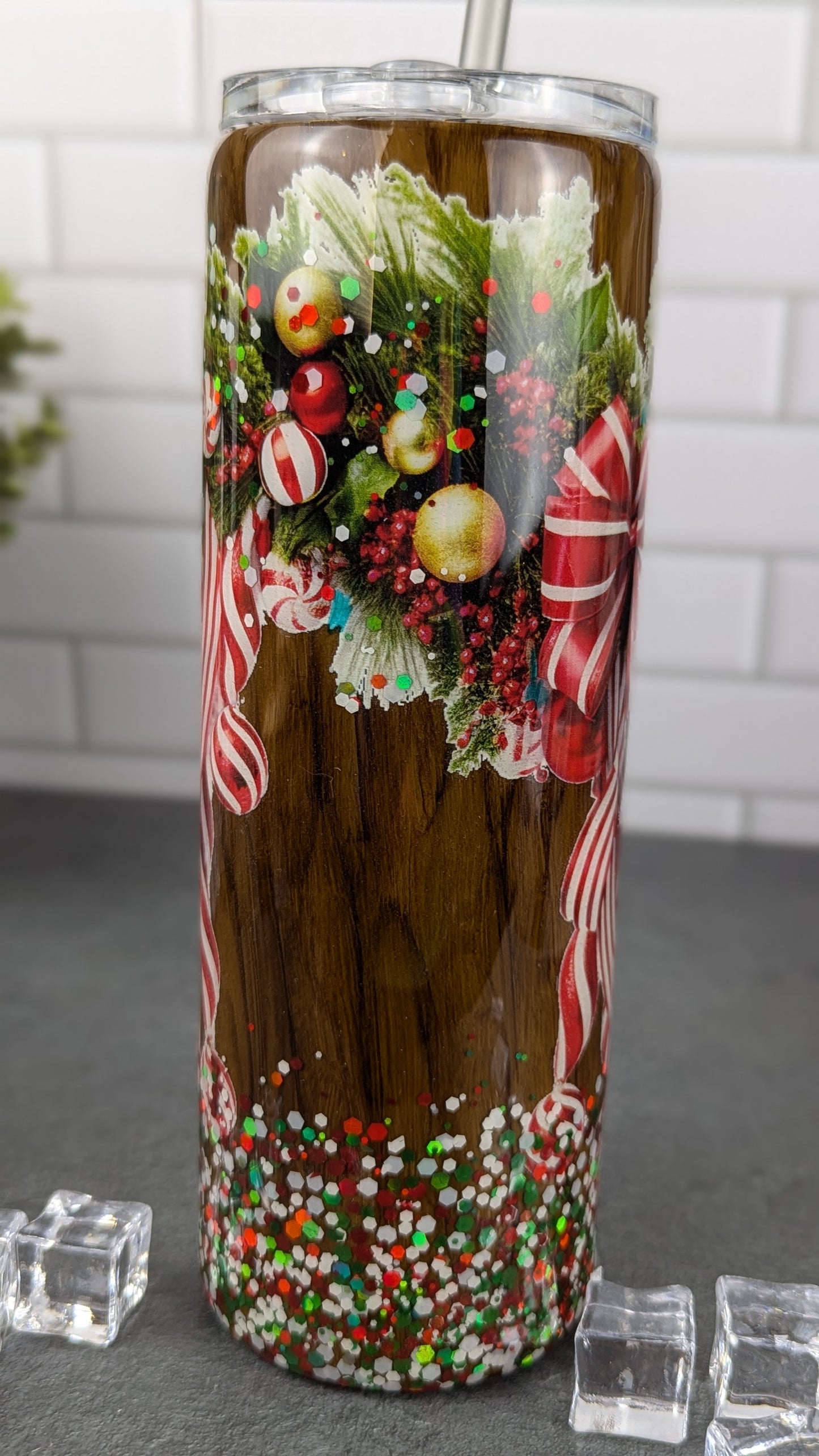 Christmas Ribbon Woodgrain 20 oz Tumbler