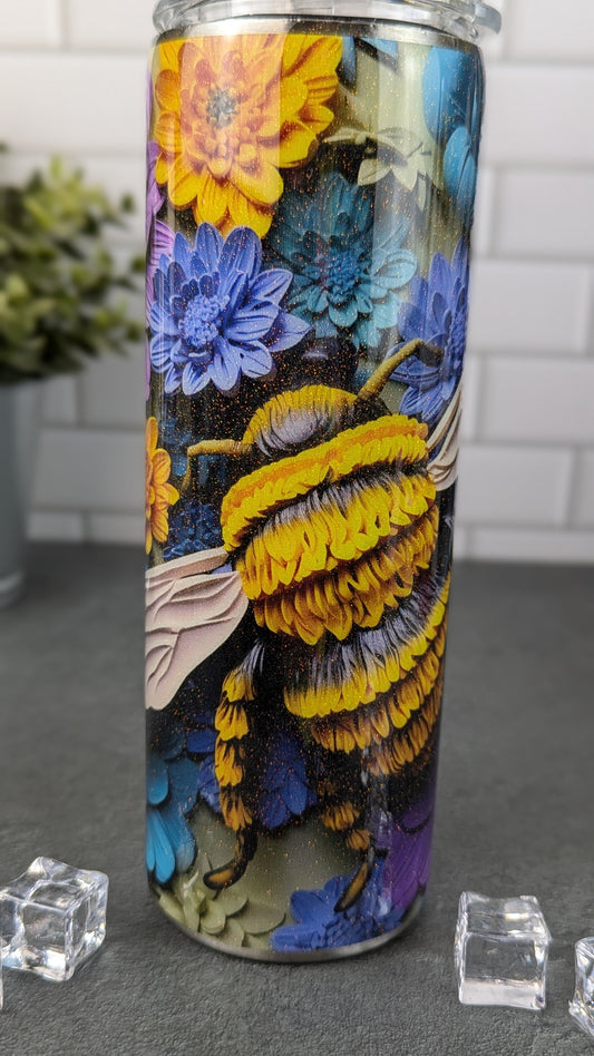 3D Bee w/Purple & Blue Flowers - 20 oz Tumbler