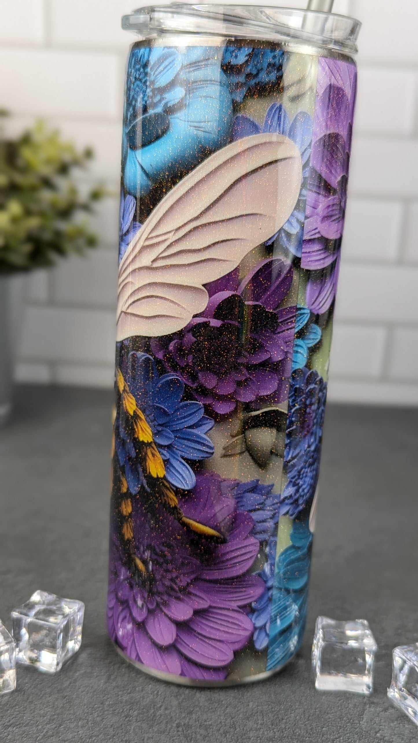 3D Bee w/Purple & Blue Flowers - 20 oz Tumbler