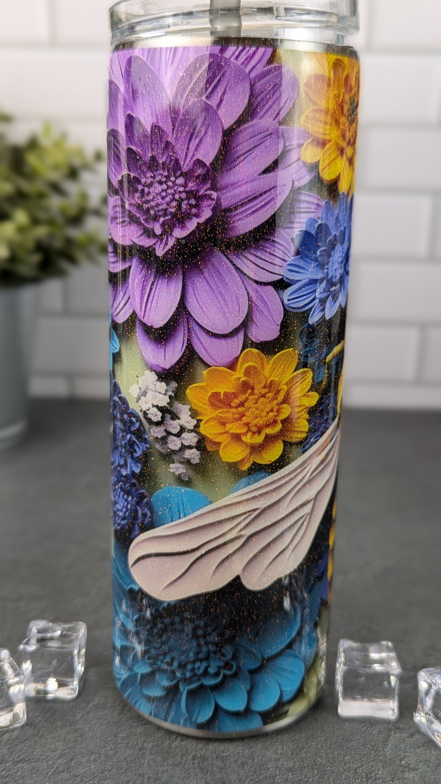 3D Bee w/Purple & Blue Flowers - 20 oz Tumbler