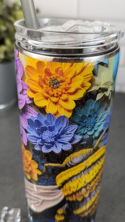 3D Bee w/Purple & Blue Flowers - 20 oz Tumbler