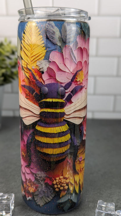 3D Bee w/Pink & Orange Flowers - 20 oz Tumbler