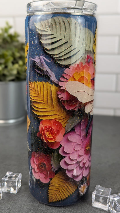 3D Bee w/Pink & Orange Flowers - 20 oz Tumbler