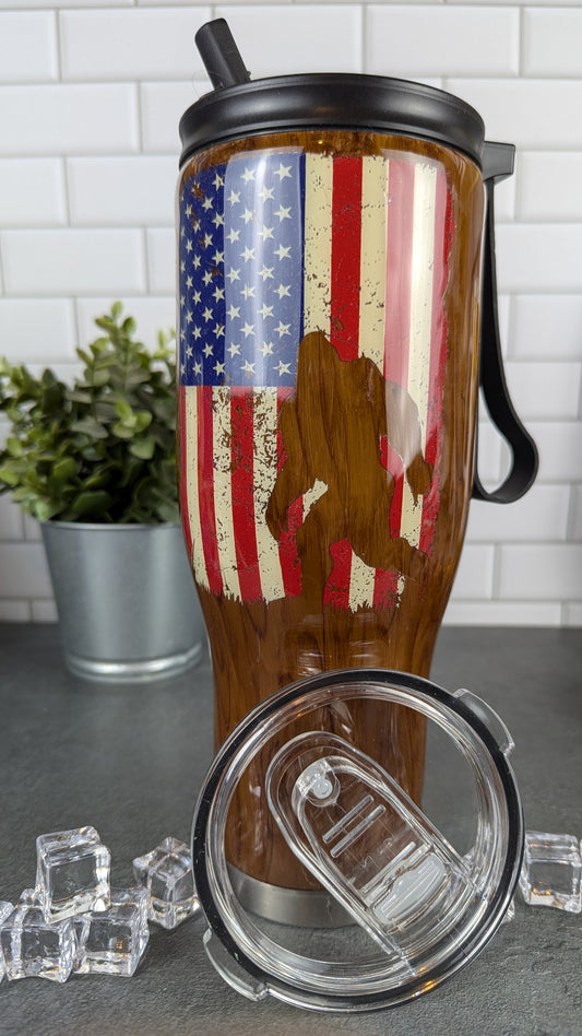 Bigfoot Flag Woodgrain 40 oz Duo Lid Tumbler