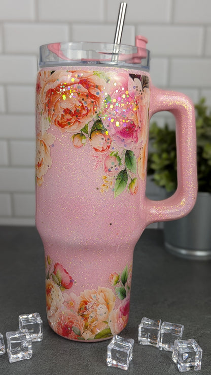 Pink Floral 40 oz Tumbler w/Handle