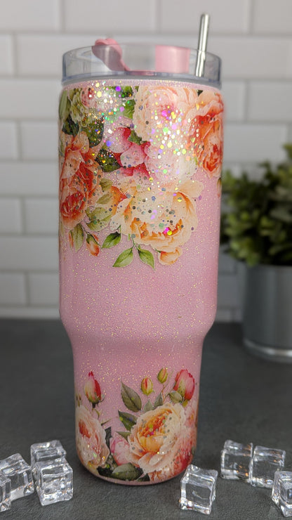 Pink Floral 40 oz Tumbler w/Handle