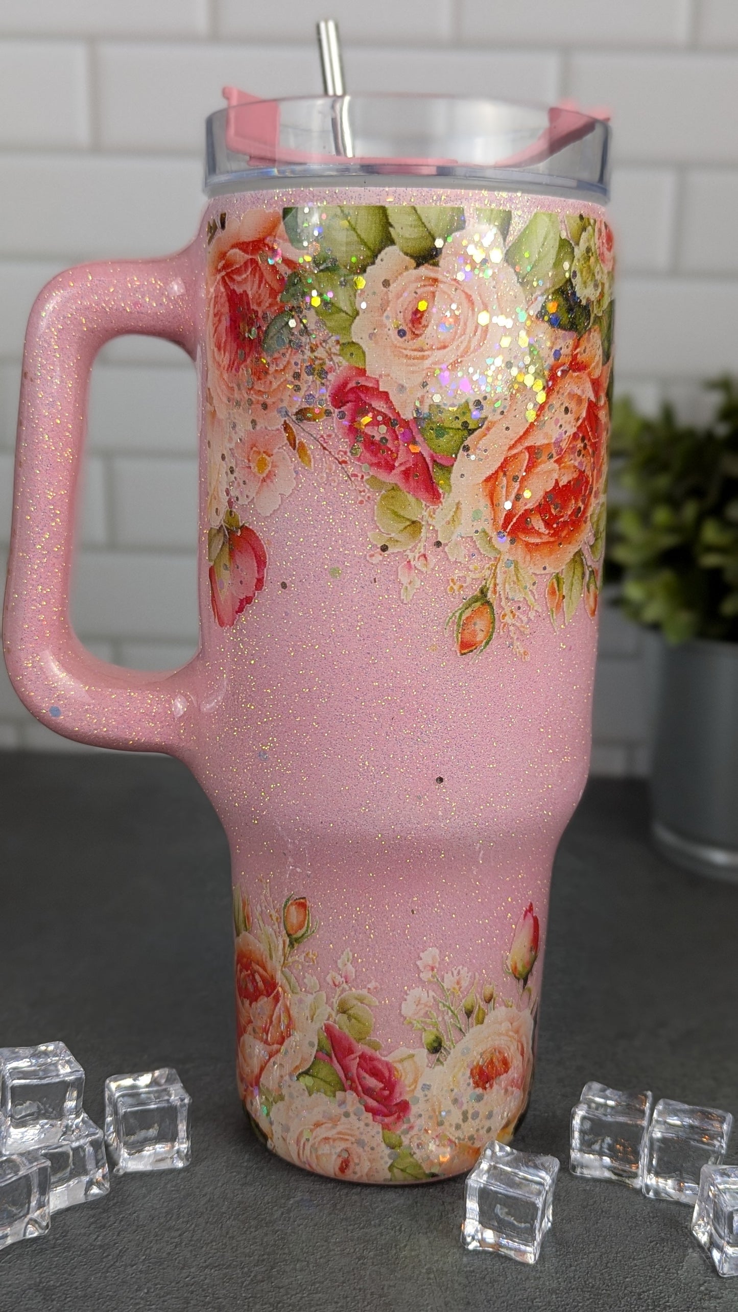 Pink Floral 40 oz Tumbler w/Handle