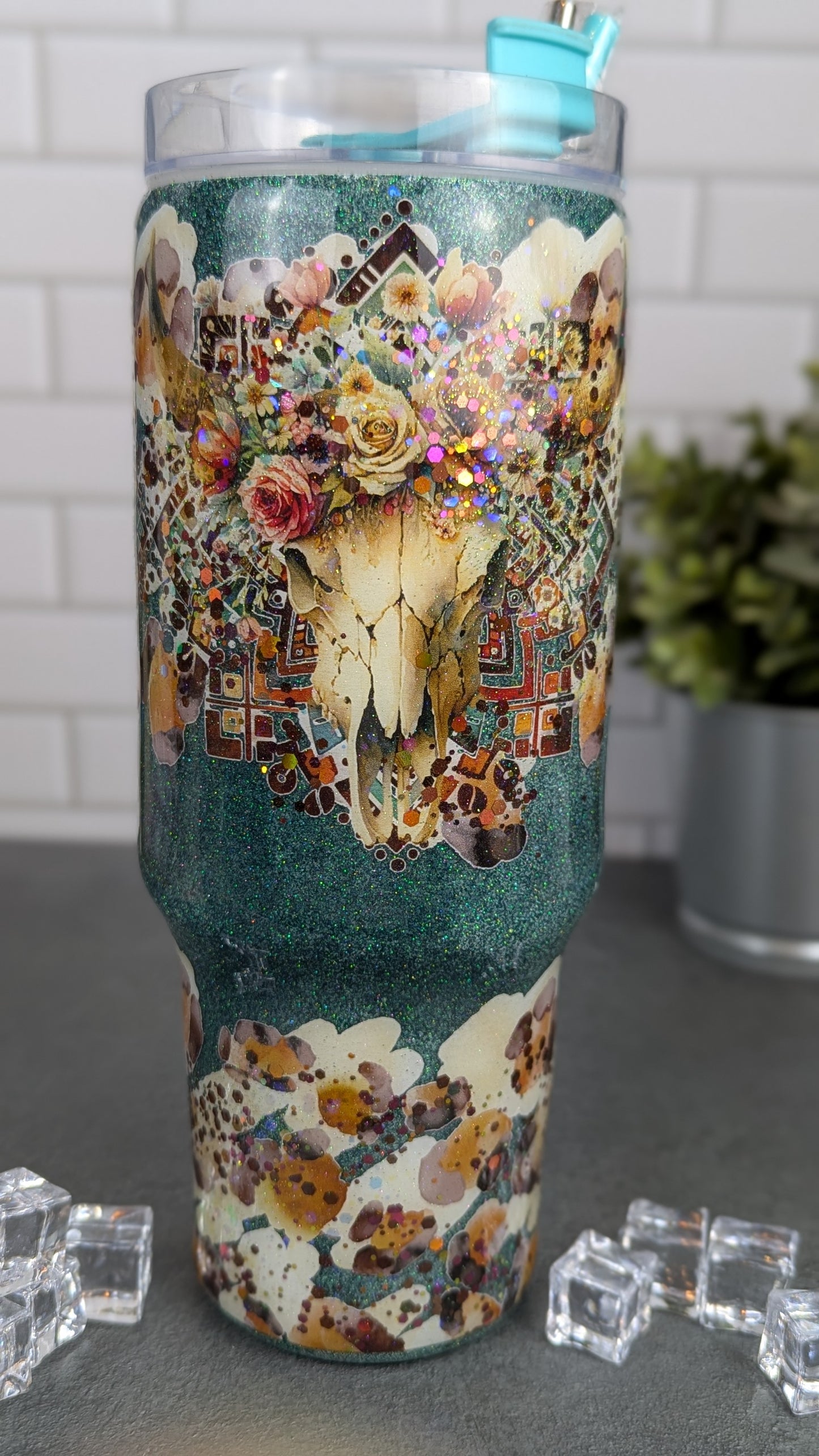 Western Cow Skull 40 oz Tumbler w/Handle