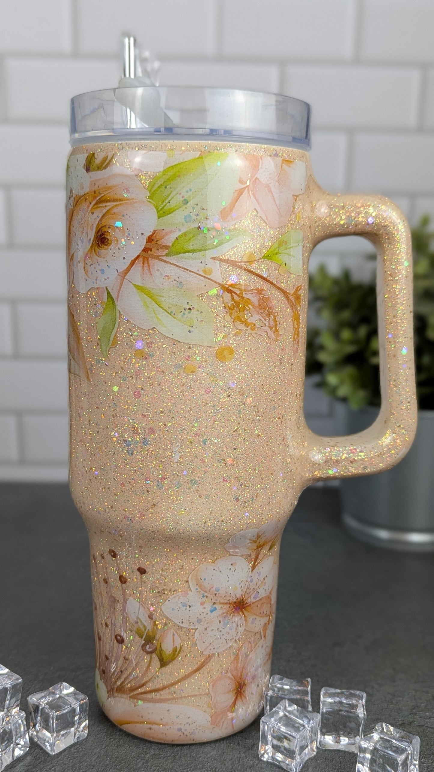 White & Gold Floral 40 oz Tumbler w/Handle