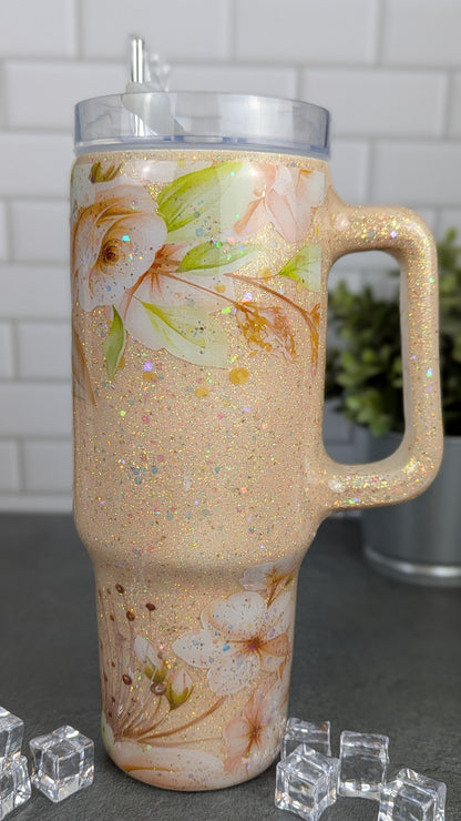 White & Gold Floral 40 oz Tumbler w/Handle