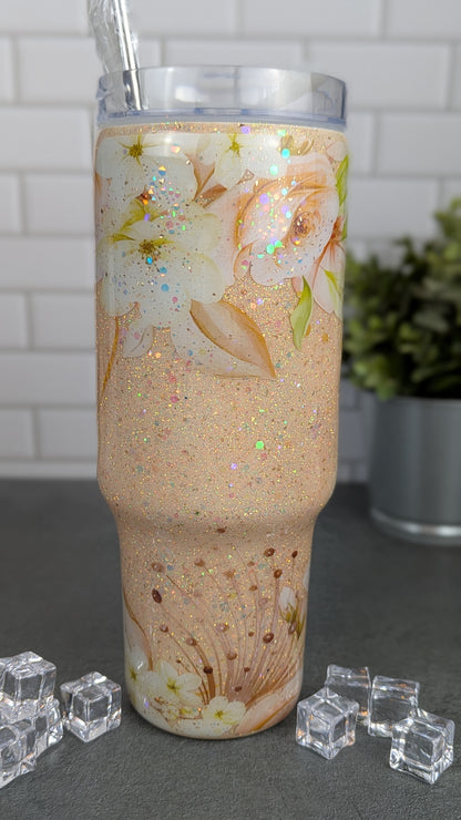 White & Gold Floral 40 oz Tumbler w/Handle