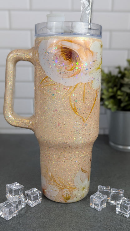 White & Gold Floral 40 oz Tumbler w/Handle