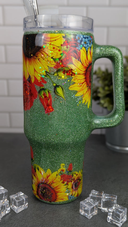 Sunflower & Rose on Green 40 oz Tumbler w/Handle