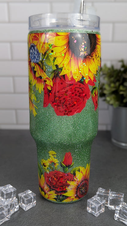 Sunflower & Rose on Green 40 oz Tumbler w/Handle