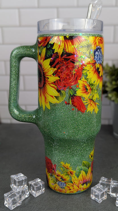 Sunflower & Rose on Green 40 oz Tumbler w/Handle