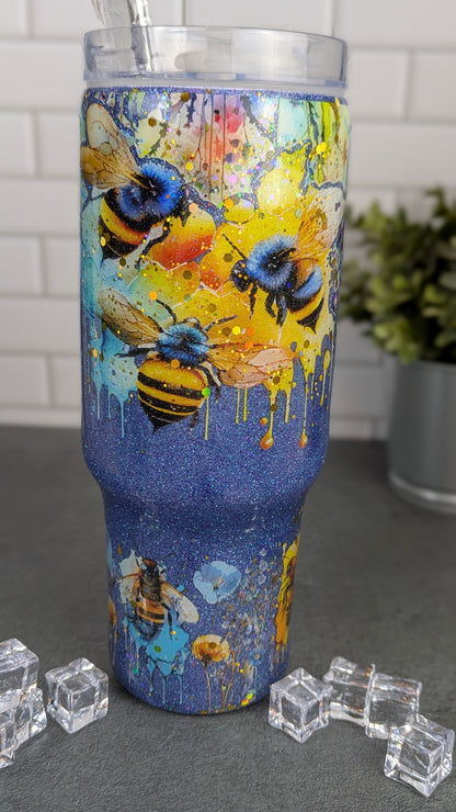 Honeybee & Floral Purple 40 oz Tumbler w/Handle