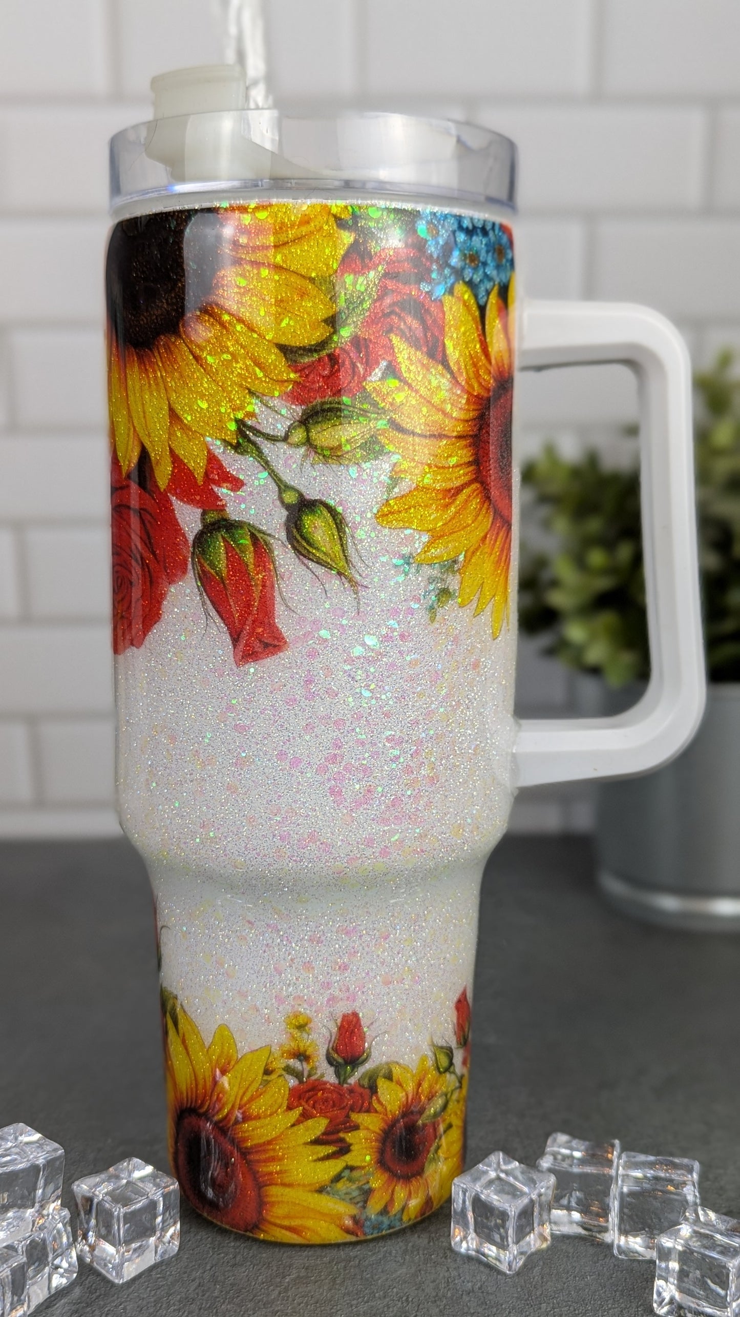 Sunflowers & Roses on White 40 oz Tumbler w/Handle