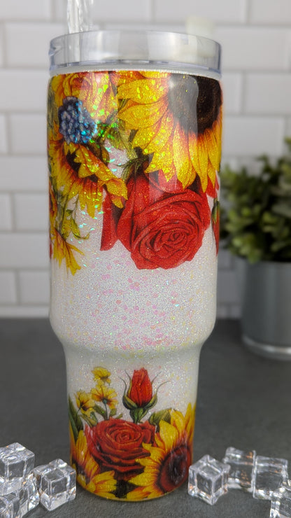 Sunflowers & Roses on White 40 oz Tumbler w/Handle