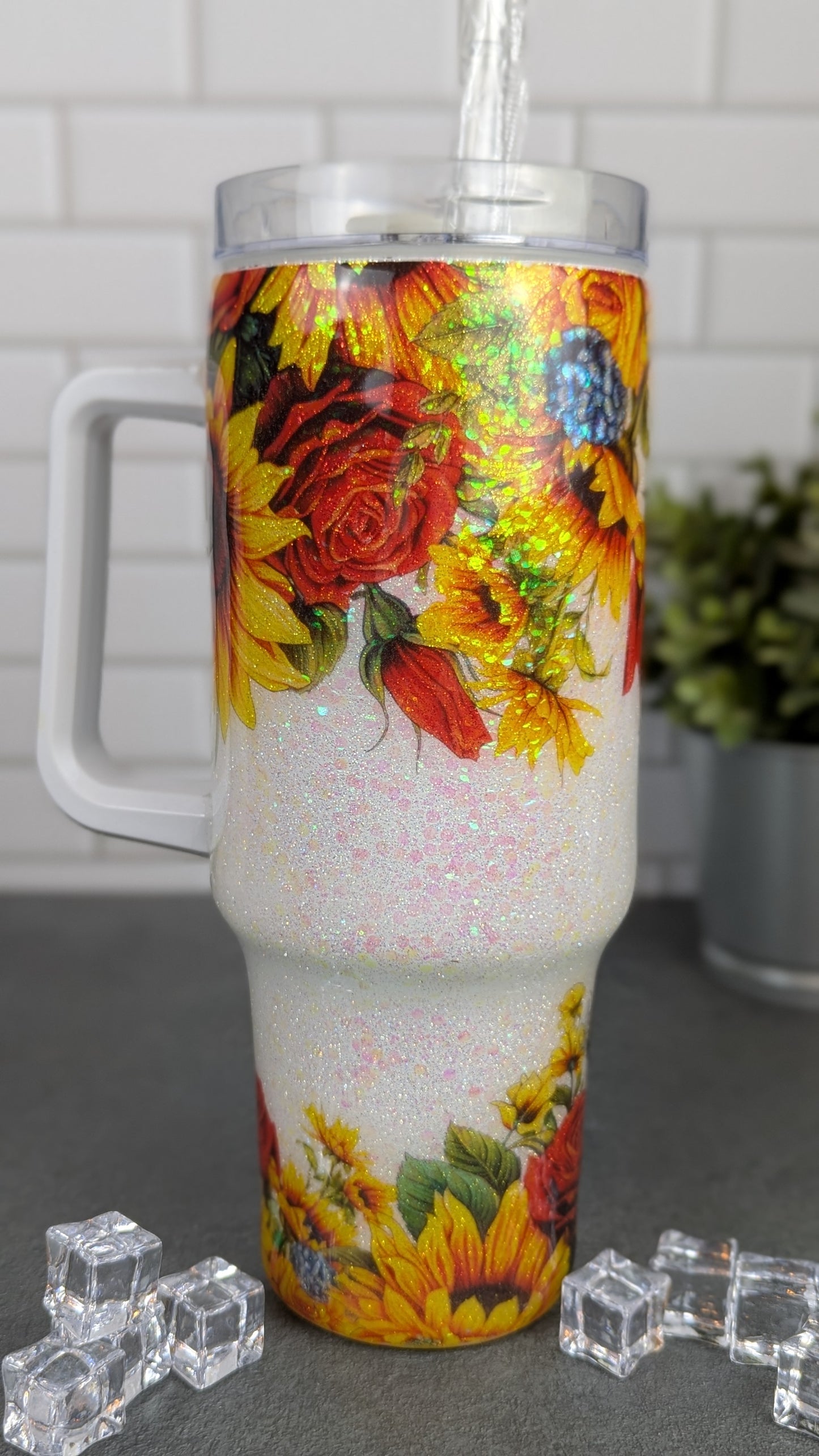 Sunflowers & Roses on White 40 oz Tumbler w/Handle