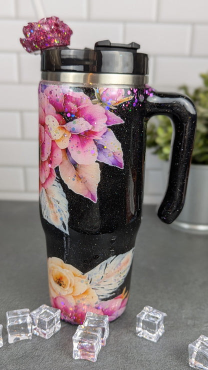 Pink & Black Floral 30 oz Tumbler w/Handle