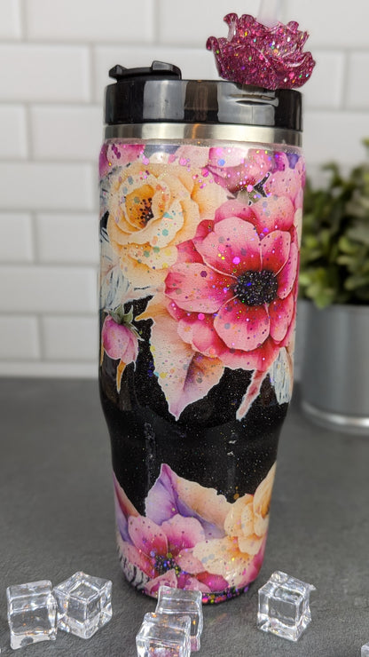 Pink & Black Floral 30 oz Tumbler w/Handle