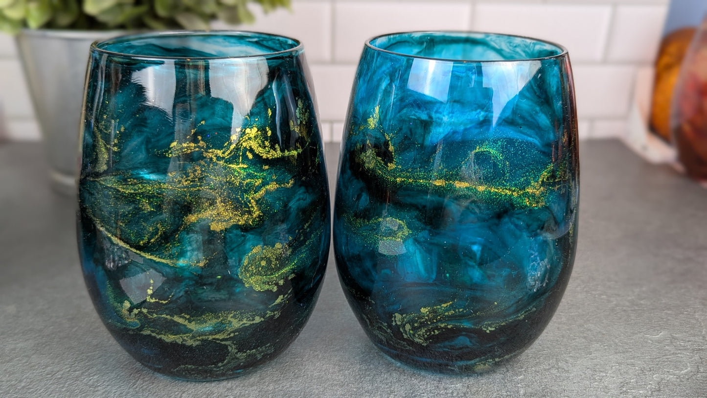 Aqua, Green & Gold Swirl Wine Glasses