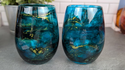 Aqua, Green & Gold Swirl Wine Glasses