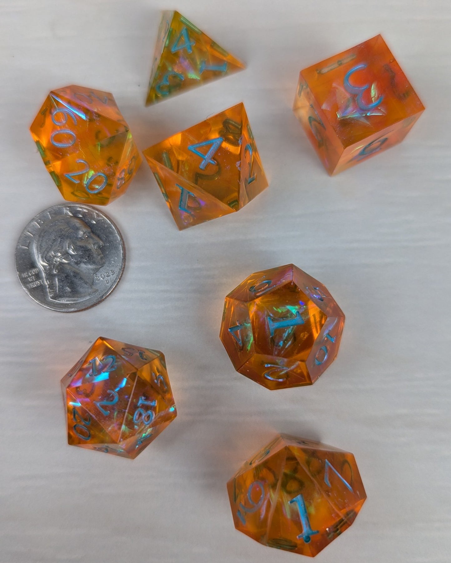 Orange Iridescent Blue Dice Set